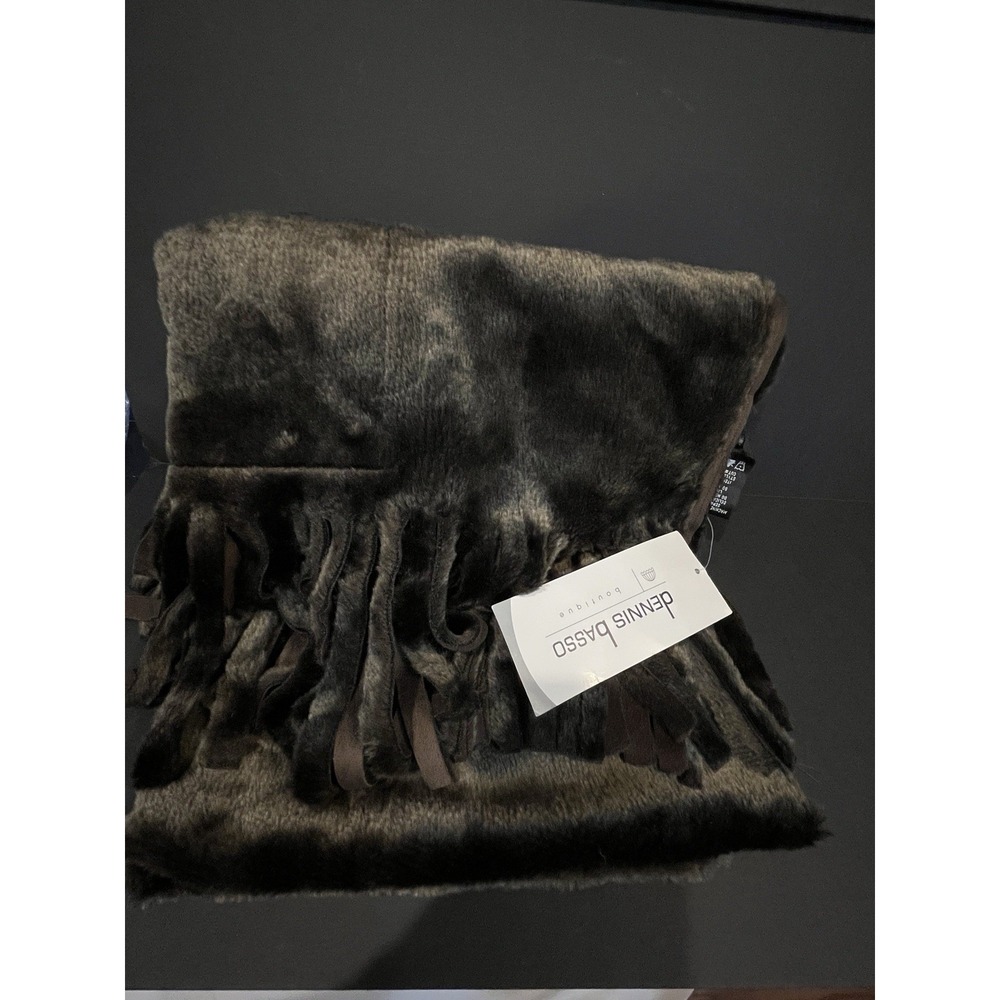 Dennis Basso Missy Faux Shearling Fur Pocket Scarf Wrap Scarf Fringe Brown Suede